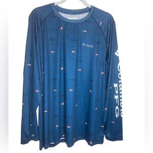 COLUMBIA PFG Sz XL Blue USA Flag Sharks Fish Omni-Shade Athletic Casual Shirt